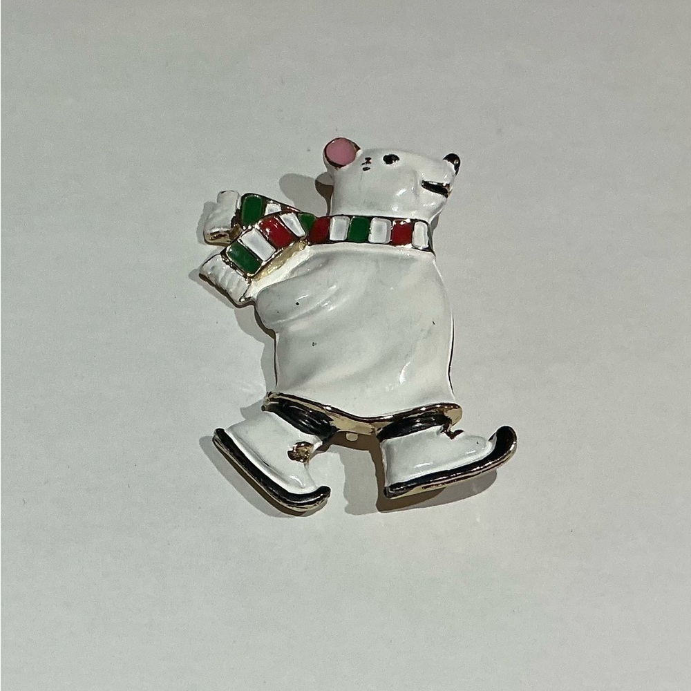 Vintage Polar Bear Skating Brooch with Scarf